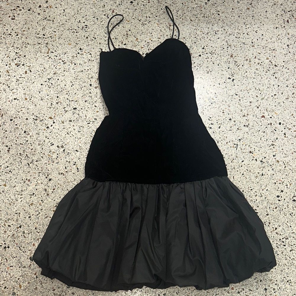 Black velvet bubble hem mini dress spaghetti straps XS